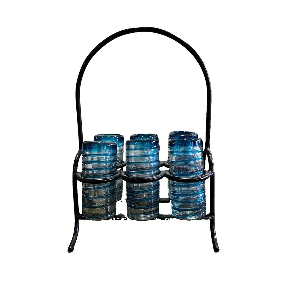 Set of 6 Mexican Hand Blown Confetti shot glasses and Metal Carrier, holder